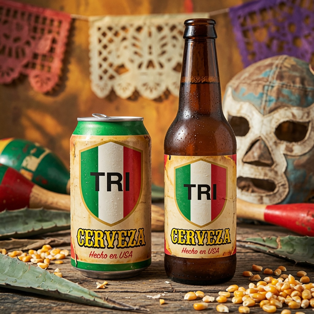 TriCerveza — green can and brown bottle with the green-white-red TRI flag-shield, ‘Cerveza · Hecho en USA’